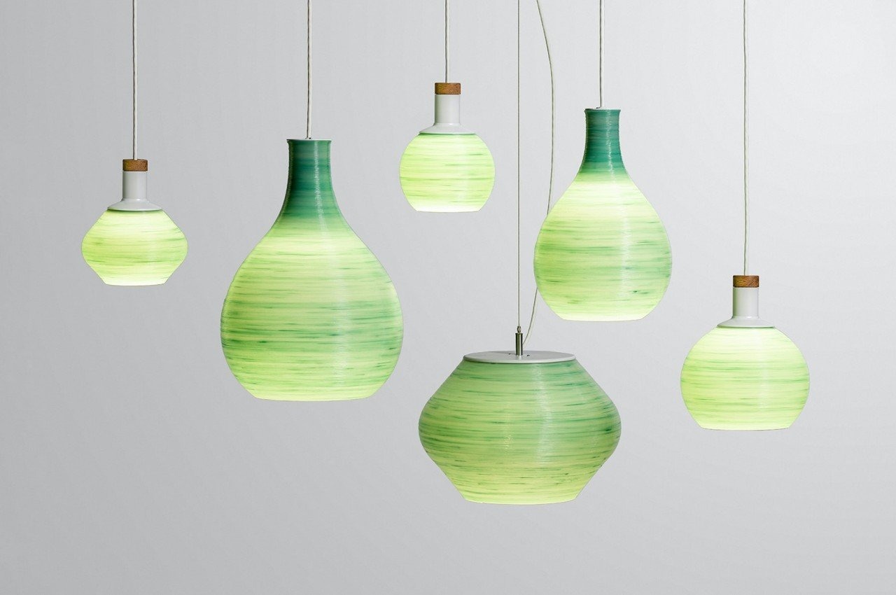 Upcycled plastic lamp shades with warm lighting effect